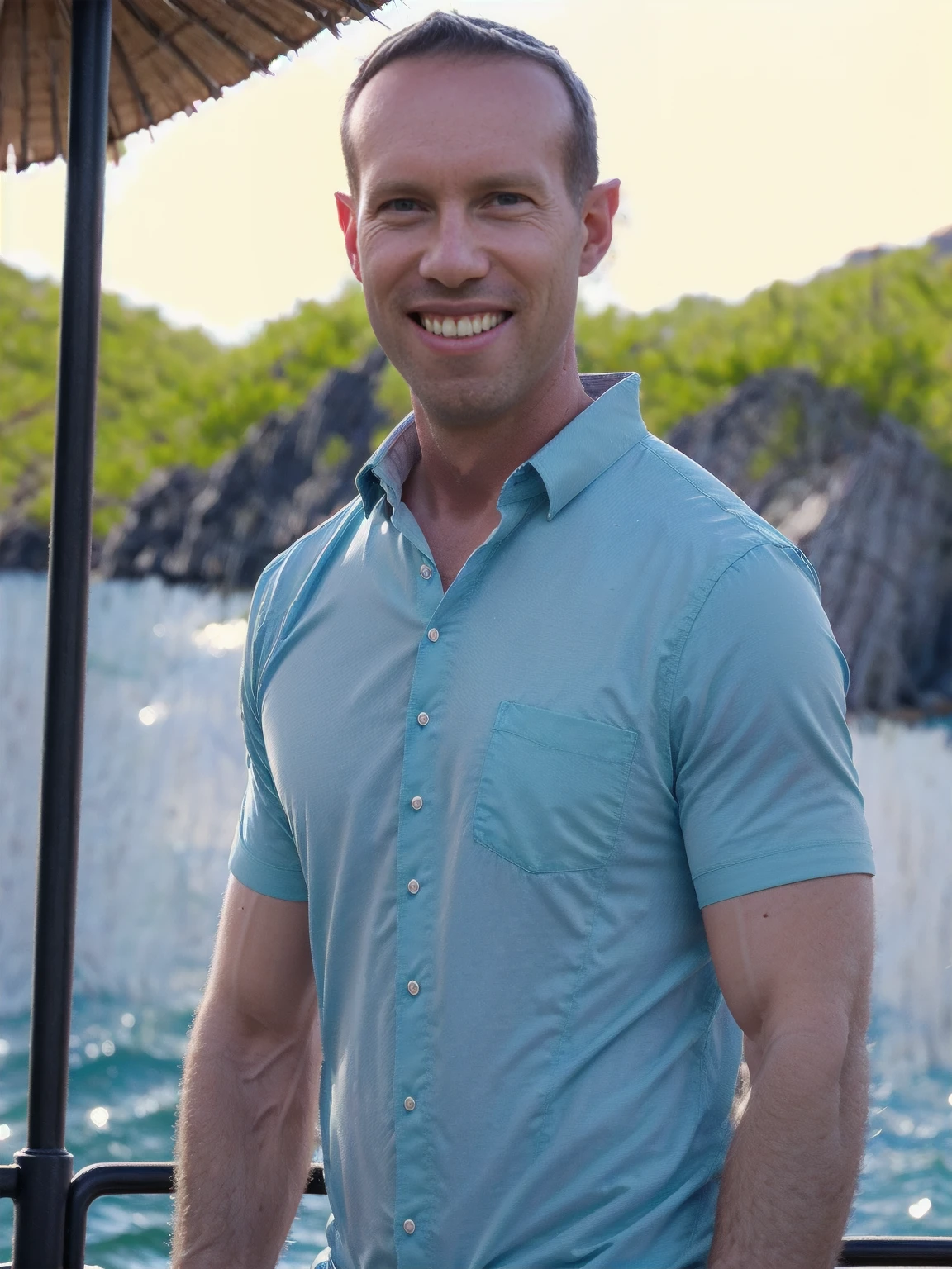 a man, Todder8, Todder1 short hair, perfect skin, RAW, UHD, 8K, looking at camera, on a yacht at sea, vacation photography, island paradise, colorful Hawaiian shirt, photorealistic, dynamic lighting, perfect day, [smiling]