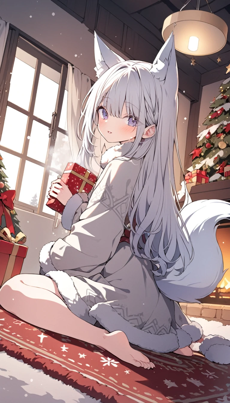1 fox girl, (iolite eyes:1.1), fox ears, fox tail, silver hair, long hair, (happy:1.3), parted lips, cute, santa, sitting, wariza, hot drink, steam, carpet, (window:1.1), gift box, (warm fireplace light:0.9), dignified air, (snow scenery:0.3), winter, sharp focus, looking at viewer, cowboy shot, (intricate:1.1), (bright silver theme:1.1), (bright silver tone:1.1), (red tone:1.3), (yellow tone:0.8), illustration,