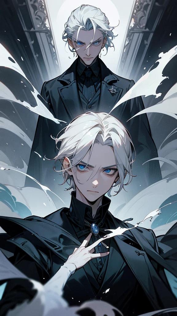 Create an image of Gellert Grindelwald inspired by Johnny Depp's portrayal in the Fantastic Beasts series.

Description:

Appearance: Gellert Grindelwald has a striking and intense presence, similar to Johnny Depp's portrayal.
Hair: White-blonde hair, styled in a distinctive, slicked-back fashion with some strands loose, giving a slightly wild and rebellious look.
Eyes: One eye is bright blue, and the other is a pale, almost silvery-blue, reflecting his unique and intense gaze.
Expression: A confident and intense expression, with a hint of cunning and menace. A slight smirk or a contemplative look would capture his manipulative and strategic mindset.
Facial Features: Sharp, angular features with a chiseled jawline. Include Johnny Depp's recognizable facial characteristics, such as his high cheekbones and slightly sunken eyes.
Clothing: Stylish and elegant wizarding attire, including a long, dark coat, a high-collared shirt, and layered clothing that adds to his imposing and charismatic presence. The outfit should have intricate patterns or magical embellishments that reflect his status and ambition.
Background:

Setting: A dark and grand setting, such as an ancient, enchanted castle or a magical landscape that conveys power and mystery. The background should enhance the sense of his ambition and the magical world he seeks to control.
Atmosphere: The overall atmosphere should be darkly enchanting, with a mix of elegance and danger. Use dramatic lighting to highlight his features and add depth to the scene.
Additional Elements (Optional):

Include subtle magical effects, such as a glowing wand, floating magical symbols, or dark, swirling energies around him.
Use a color palette that conveys both charisma and menace, with rich tones and dramatic contrasts.
