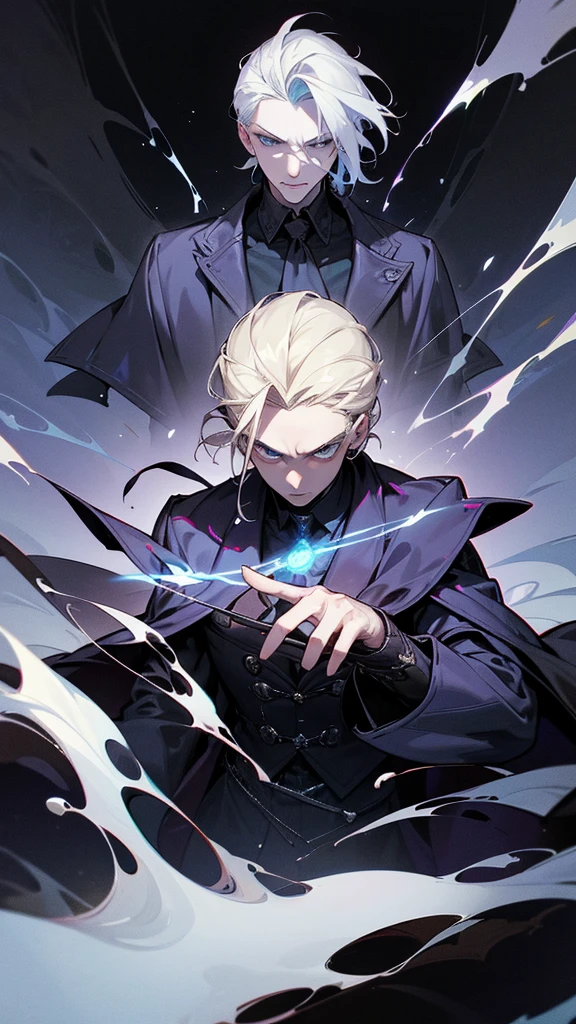 Create an image of Gellert Grindelwald inspired by Johnny Depp's portrayal in the Fantastic Beasts series.

Description:

Appearance: Gellert Grindelwald has a striking and intense presence, similar to Johnny Depp's portrayal.
Hair: White-blonde hair, styled in a distinctive, slicked-back fashion with some strands loose, giving a slightly wild and rebellious look.
Eyes: One eye is bright blue, and the other is a pale, almost silvery-blue, reflecting his unique and intense gaze.
Expression: A confident and intense expression, with a hint of cunning and menace. A slight smirk or a contemplative look would capture his manipulative and strategic mindset.
Facial Features: Sharp, angular features with a chiseled jawline. Include Johnny Depp's recognizable facial characteristics, such as his high cheekbones and slightly sunken eyes.
Clothing: Stylish and elegant wizarding attire, including a long, dark coat, a high-collared shirt, and layered clothing that adds to his imposing and charismatic presence. The outfit should have intricate patterns or magical embellishments that reflect his status and ambition.
Background:

Setting: A dark and grand setting, such as an ancient, enchanted castle or a magical landscape that conveys power and mystery. The background should enhance the sense of his ambition and the magical world he seeks to control.
Atmosphere: The overall atmosphere should be darkly enchanting, with a mix of elegance and danger. Use dramatic lighting to highlight his features and add depth to the scene.
Additional Elements (Optional):

Include subtle magical effects, such as a glowing wand, floating magical symbols, or dark, swirling energies around him.
Use a color palette that conveys both charisma and menace, with rich tones and dramatic contrasts.
