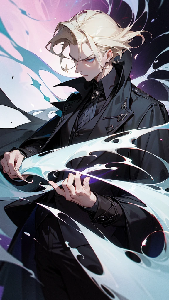 Create an image of Gellert Grindelwald inspired by Johnny Depp's portrayal in the Fantastic Beasts series.

Description:

Appearance: Gellert Grindelwald has a striking and intense presence, similar to Johnny Depp's portrayal.
Hair: White-blonde hair, styled in a distinctive, slicked-back fashion with some strands loose, giving a slightly wild and rebellious look.
Eyes: One eye is bright blue, and the other is a pale, almost silvery-blue, reflecting his unique and intense gaze.
Expression: A confident and intense expression, with a hint of cunning and menace. A slight smirk or a contemplative look would capture his manipulative and strategic mindset.
Facial Features: Sharp, angular features with a chiseled jawline. Include Johnny Depp's recognizable facial characteristics, such as his high cheekbones and slightly sunken eyes.
Clothing: Stylish and elegant wizarding attire, including a long, dark coat, a high-collared shirt, and layered clothing that adds to his imposing and charismatic presence. The outfit should have intricate patterns or magical embellishments that reflect his status and ambition.
Background:

Setting: A dark and grand setting, such as an ancient, enchanted castle or a magical landscape that conveys power and mystery. The background should enhance the sense of his ambition and the magical world he seeks to control.
Atmosphere: The overall atmosphere should be darkly enchanting, with a mix of elegance and danger. Use dramatic lighting to highlight his features and add depth to the scene.
Additional Elements (Optional):

Include subtle magical effects, such as a glowing wand, floating magical symbols, or dark, swirling energies around him.
Use a color palette that conveys both charisma and menace, with rich tones and dramatic contrasts.
