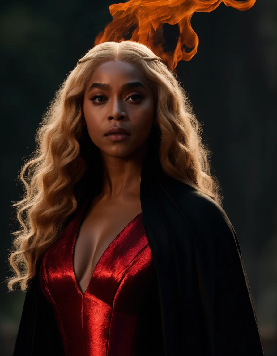 ### Scene: Create an image of two people in love in a setting of mystery and passion.

**Feminine Appearance:**
- Looks like Beyoncé
- Brown skin
- Long, golden blonde and curly hair
- Confident and seductive expression
- Wearing a red, elegant and tight dress
- Lips painted a deep and intense red

**Appearance of the man:**
- Resembles Severus Snape
- Pale skin 
- Big nose
- Black eyes
- Straight black hair falling around the face in a somber manner
- Serious and intense expression
- Wearing a black cape, contrasting with the flames around him

**Atmosphere:**
- Surrounded by flames, creating a mystical and fiery environment
- Soft lighting highlighting your faces, enhancing the shine in your eyes
- Flames adding an element of intensity and mystery to the scene
- They are close to each other, looking intensely into each other's eyes, exuding a strong emotional connection