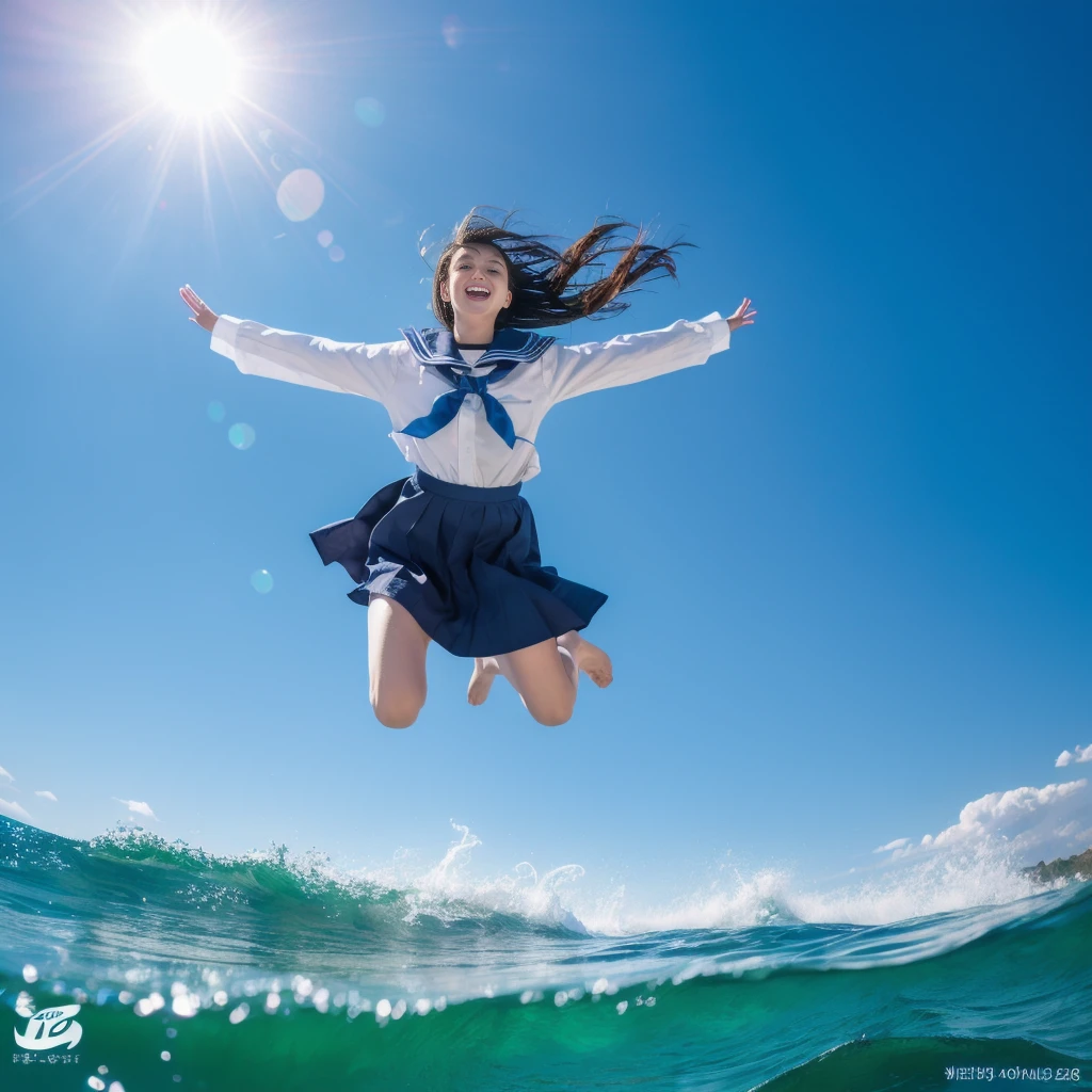 masterpiece, 8K quality, High definition, realistic pictures, professional writing, There is a woman jumping in the air from underwater to the sky., ((A pose that looks like dancing with the face facing upwards)), face upwards, dance in the air,artistic swimming, jump towards the viewer, jump towards viewer, she is floating in the air, jump into the air, jump on the audience, jump, jump with arms up, floating in the air, floating on the ground, Jump for joy, jump pose, horizontally jump!!!, wearing a sailor suit, high school girl,((Big wave crashing down)), ((Splashes of water splashing from the body)), Clear blue sky and white clouds, Sunlight flares
