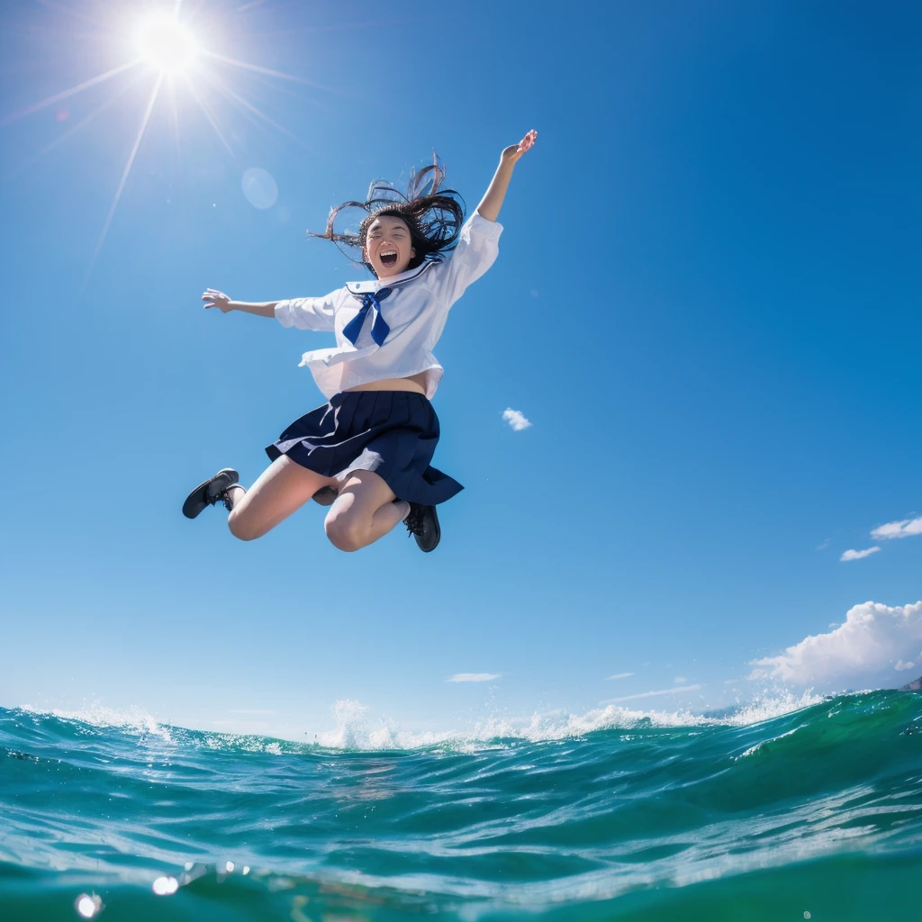 masterpiece, 8K quality, High definition, realistic pictures, professional writing, There is a woman jumping in the air from underwater to the sky., ((A pose that looks like dancing with the face facing upwards)), face upwards, dance in the air,artistic swimming, jump towards the viewer, jump towards viewer, she is floating in the air, jump into the air, jump on the audience, jump, jump with arms up, floating in the air, floating on the ground, Jump for joy, jump pose, horizontally jump!!!, wearing a sailor suit, high school girl,((Big wave crashing down)), ((Splashes of water splashing from the body)), Clear blue sky and white clouds, Sunlight flares