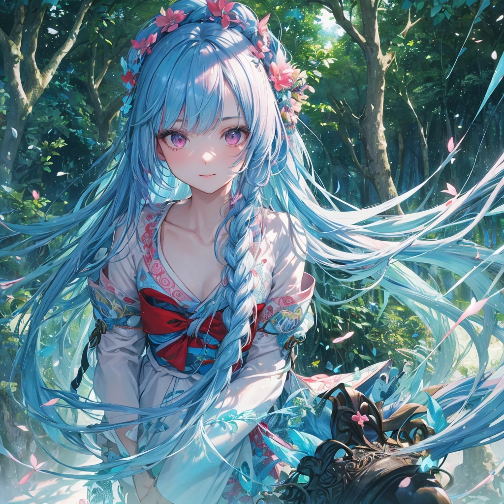 sky Blue hair, (braided ponytail),(pink eyes),fair skin ,(full body),1 girl,smile,white red kimono,Fresh green forest,Forest Goddess,Straight Bangs,(masterpiece, best quality, ultra-detailed, best shadow), (detailed background), (beautiful detailed face), high contrast, (best illumination, an extremely delicate and beautiful), ((cinematic light)), colorful, hyper detail, dramatic light, intricate details,guardian of the forest,Leaf Blizzard,high quality,