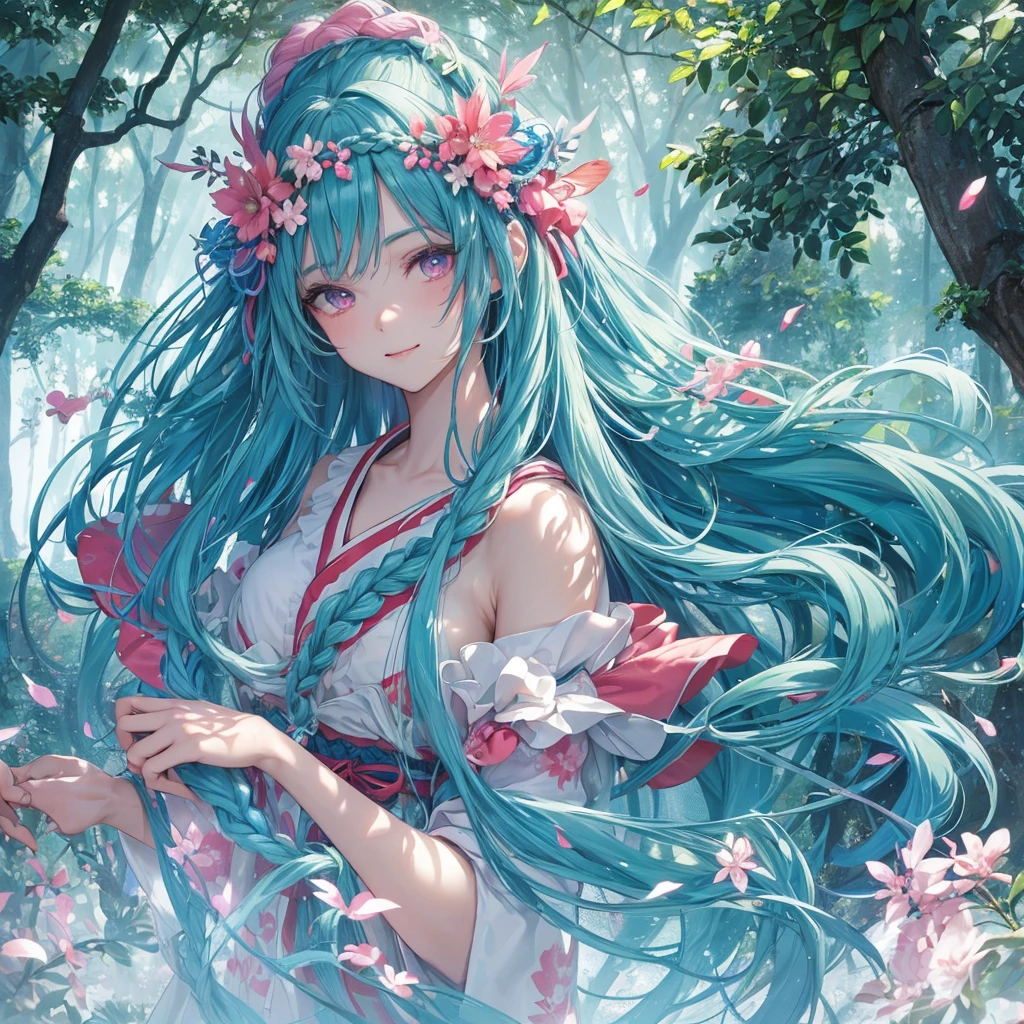 sky Blue hair, (braided ponytail),(pink eyes),fair skin ,(full body),1 girl,smile,white red kimono,Fresh green forest,Forest Goddess,Straight Bangs,(masterpiece, best quality, ultra-detailed, best shadow), (detailed background), (beautiful detailed face), high contrast, (best illumination, an extremely delicate and beautiful), ((cinematic light)), colorful, hyper detail, dramatic light, intricate details,guardian of the forest,Leaf Blizzard,high quality,