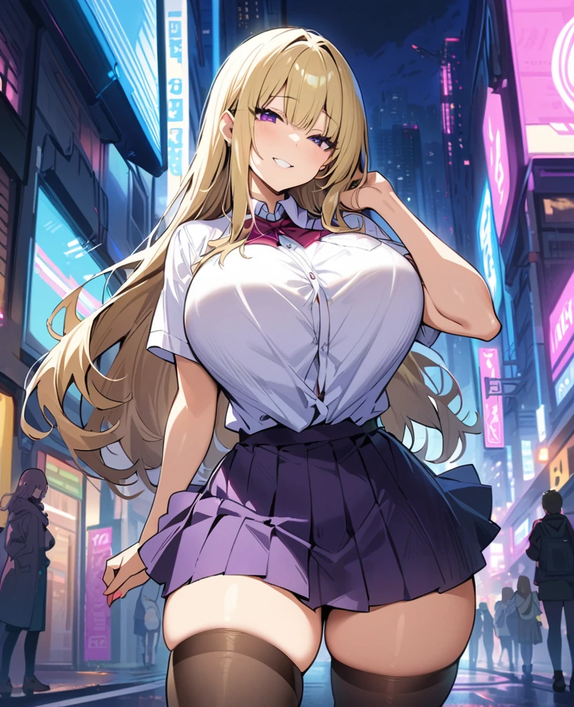 cyberpunk city, street, evening, neon light, neon sign, Masterpiece, Best Quality, high resolution, JK,huge tit,1 girl, Pastel yellow hair, long hair, hair covers one eye, purple eyes, tight, big thighs, expression smiling shy, ,pleated falda,inside shirt,purple skirt,SMILE,tent shirt, high brown stockings,