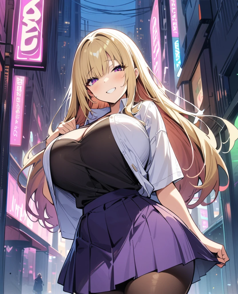 cyberpunk city, street, evening, neon light, neon sign, Masterpiece, Best Quality, high resolution, JK,huge tit,1 girl, Pastel yellow hair, long hair, hair covers one eye, purple eyes, tight, big thighs, expression smiling shy, ,pleated falda,inside shirt,purple skirt,SMILE,tent shirt, high brown stockings, 