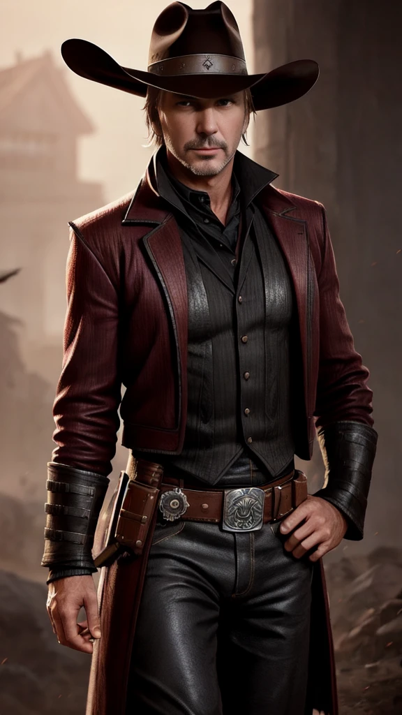 (Kevin Costner) as Erron Black from Mortal Kombat, maroon cowboy outfit, cowboy hat, 2 revolvers, 1man, solo, full body view, front view, looking at viewer, intricate, high detail, sharp focus, dramatic, photorealistic painting art by greg rutkowski