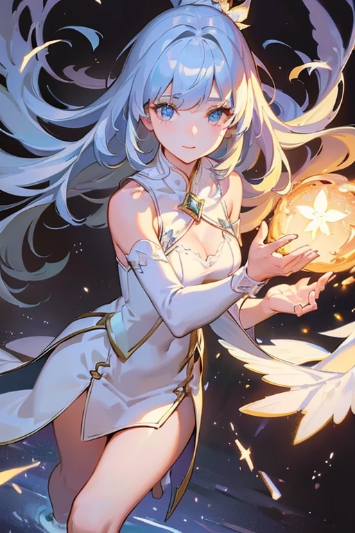 1girl, solo, long hair, breasts, looking at viewer, smile, open mouth, bangs ,detailed eyes, beautiful background, (night sky, stars), hands on the chest, thighhighs, gloves, dress, cleavage, bare shoulders, very long hair, standing, full body, white gloves, white dress, armor, white thighhighs, pelvic certain, garter straps, fantasy, white armor, abec, masterpiece, best quality, long hair, white hair green color inner, green eyes color, anime, very_long_hair, perfect body, huge breasts, ultra-detailed, high quality, 1girl, 4k ,perfect hands, full body, great details, beautiful anime illustrations, 26 years old, correct anatomy, perfect hand, Ideal body proportions, Good realistic skin, look at the audience, Dynamic angleFocus Target, Many poses, charming, Smile sexy too, The picture in the middle, halo