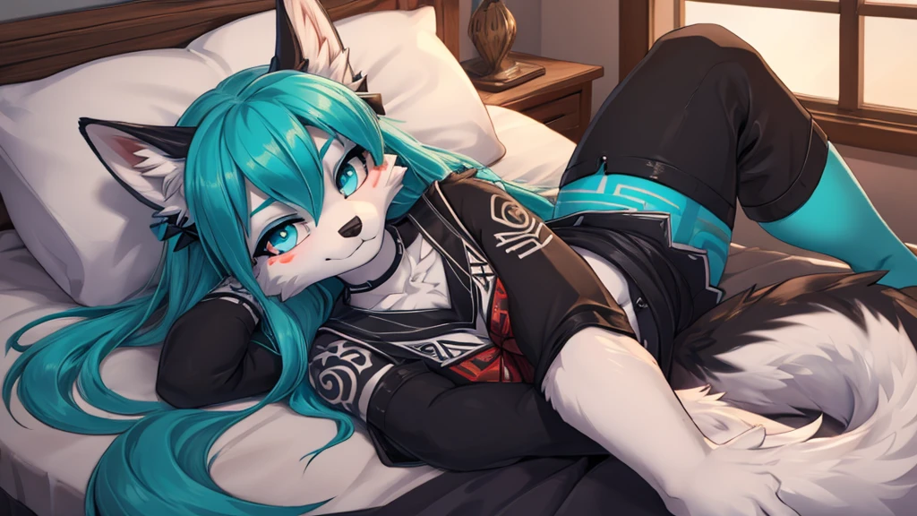 Miku Hatsune, add high definition_detail:1, blue fur,kitsune ears, tribal tattoo add_detail:1 cute high school clothes, pretty girl add_detail:3 18 year old girl, short black lycra, black metal t shirt, flirty look add_detail:3, lying on a bed right mediolateral position, leans on his arm add_detail:1
