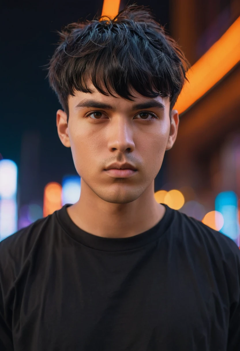 portrait closeup, low angle shot, of a young man with short black hair and messy bangs, medium skin tone with neutral undertones, serious expression, Oval face, dressed in an oversized black t-shirt, detailed portrait, futuristic city background with orange neon lights, cinematographic lights, shadows