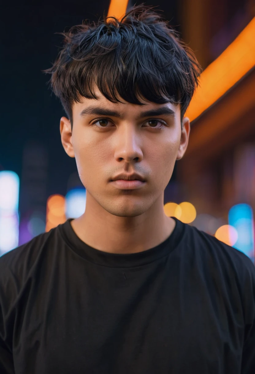 portrait closeup, low angle shot, of a young man with short black hair and messy bangs, medium skin tone with neutral undertones, serious expression, Oval face, dressed in an oversized black t-shirt, detailed portrait, futuristic city background with orange neon lights, cinematographic lights, shadows