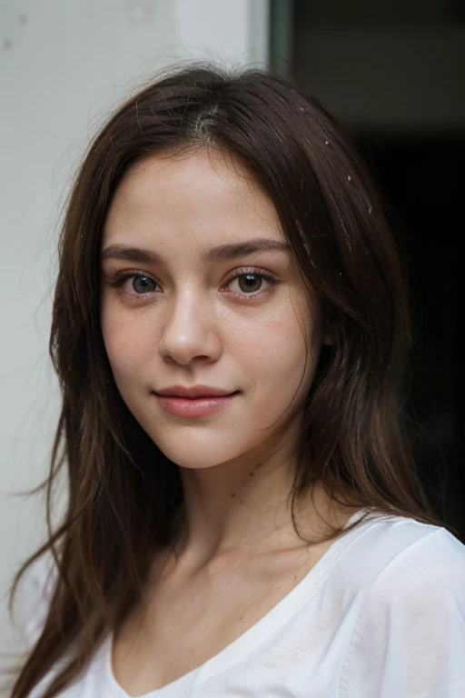 ((best quality)), ((masterpiece)), (detailed), 1girl, 8K, Best Quality, Masterpiece, Ultra High Resolution, (Realism: 1.4), Original Photo, (Realistic Skin Texture: 1.3), (Film Grain: 1.3), (Selfie Angle) 1 Girl, Beautiful Eyes and Face Details, Masterpiece, Best Quality, Close-up, Upper Body, Looking at the Viewer, russian women, hair (red color), cute smile, wearing t-shirt, white skin