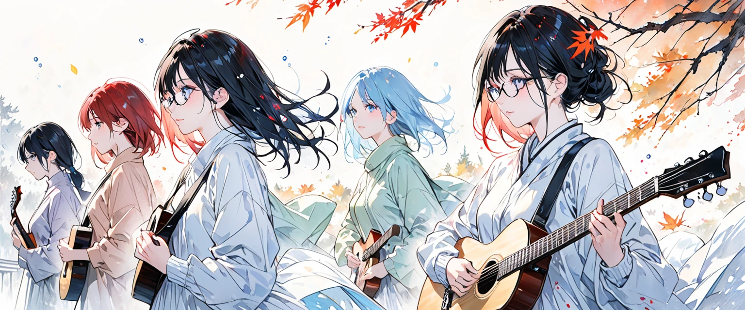 A painting by mse《man wearing glasses》,author:agnes cecile, Luminous design, Soft colors, Ink drops, Autumn Lights, Holding Guitar, Accorstic guitar, side view, three girls