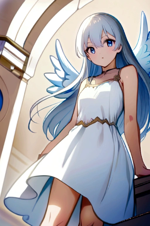 Anime girl with white hair blue eyes angel wings, white silk dress knee-high.