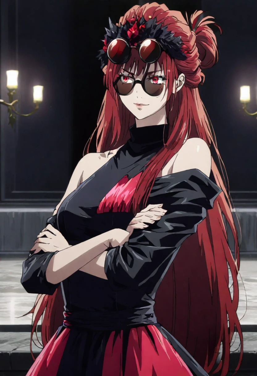 1girl, female gojo satoru, anime screencap from jujutsu kaisen, gojo satoru female version, solo, long_hair, red eyes ((red_hair)), night view, breasts, upper_body, smile, indoors, book, bangs, red_eyes, lips, (wearing round sunglasses on head) , ((her hairstyle : The character in the image has long straight red hair)) wearing black color party dress, bare shoulder, breast, "very detailed and high resolution" (red eyes) ((cross arms))  ((long hair)) ((solo))
