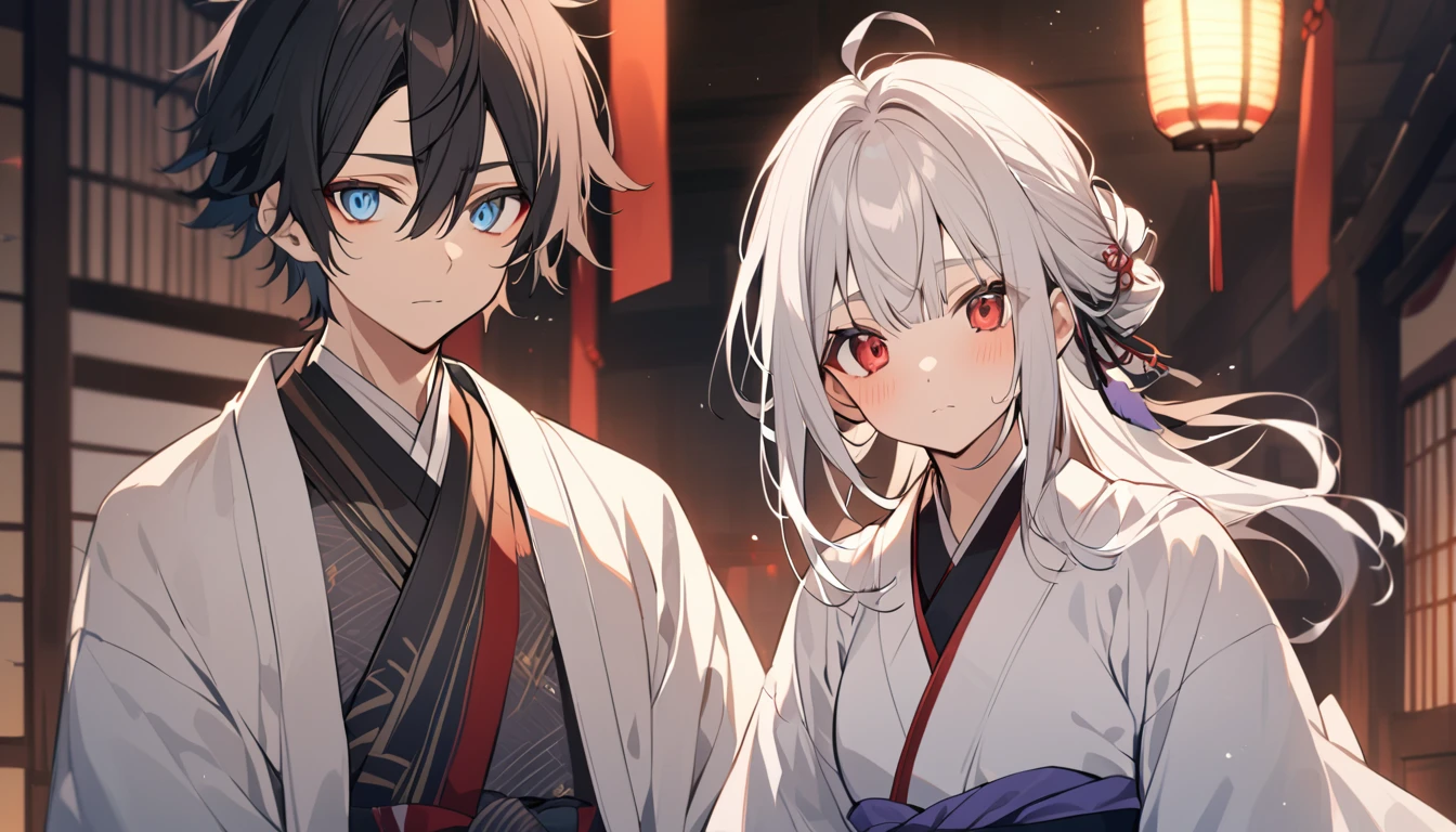 A girl with black hair with white streaks, red eyes. Female Japanese . Next to a boy with white hair and light blue eyes wearing a male Japanese uniform.