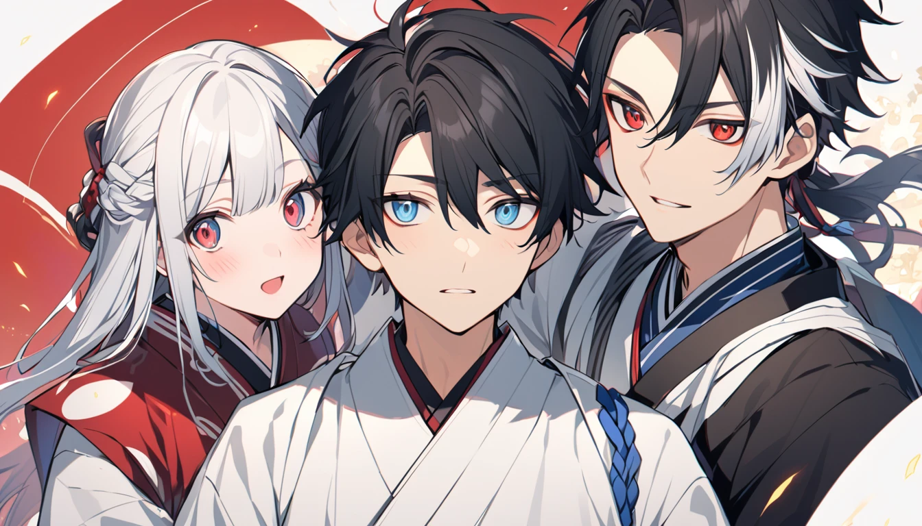 A girl with black hair with white streaks, red eyes. Female Japanese . Next to a boy with white hair and light blue eyes wearing a male Japanese uniform.