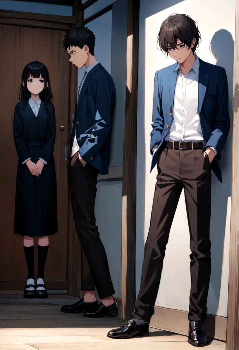 boy, tidy hair, short length hair, Bblack hair, face neutral, black eyes white school shirt, blue school jacket, dark brown pants, black dress shoes, hands in pockets, scene in a Japanese school, lot of details