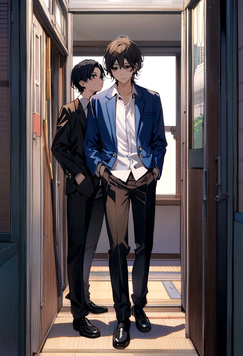 Teenage boy, tidy hair, short length hair, Bblack hair, face neutral, black eyes white school shirt, blue school jacket, dark brown pants, black dress shoes, hands in pockets, scene in a Japanese school, lot of details