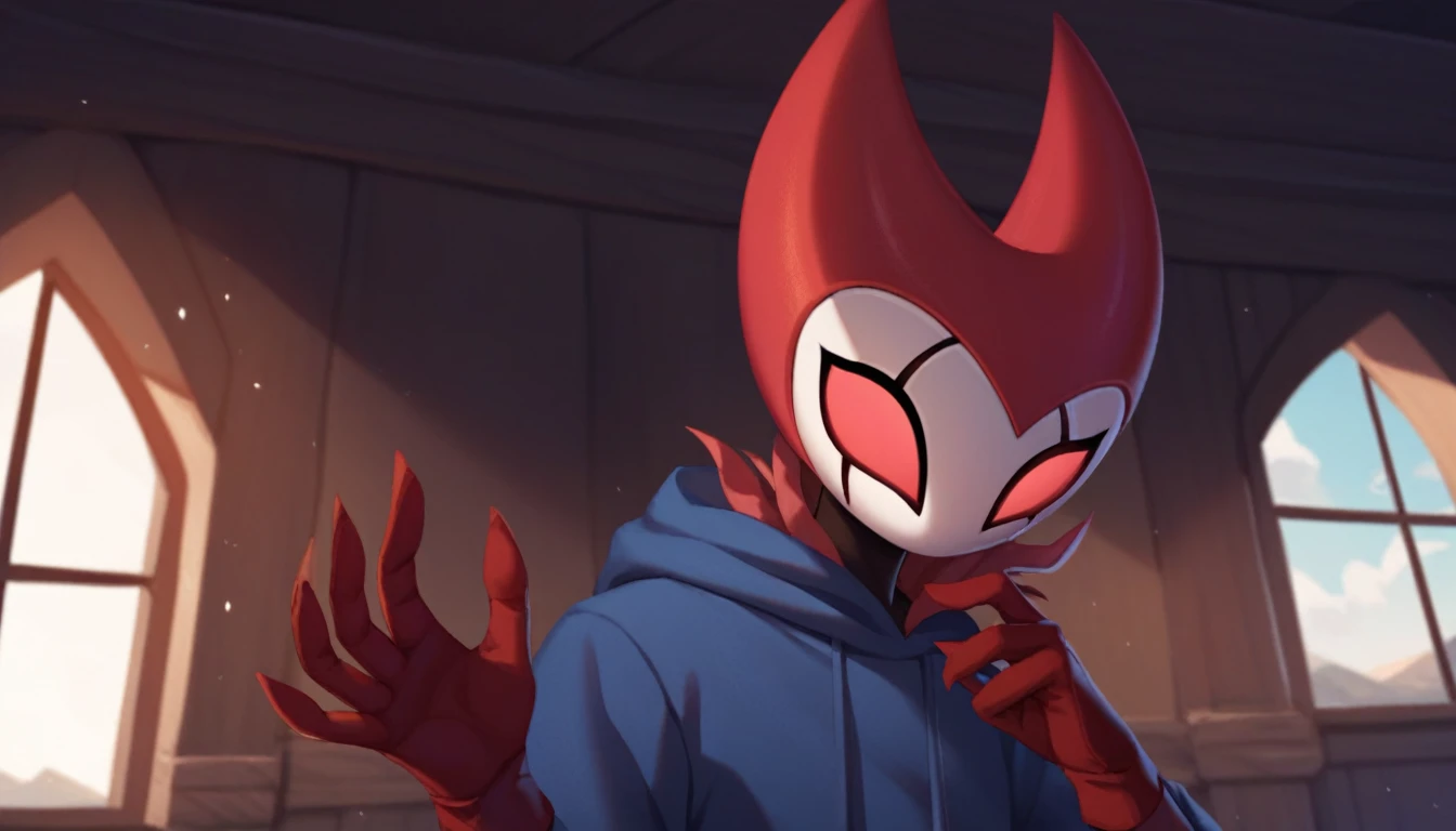 score_9, score_8_up, score_7_up, score_6_up, zPDXL2, grimm \(hollow knight\), vampire, bat, 1boy, solo, cute face, detailed eyes, portrait, anthro, blue large hoodie, red sports gloves, background, near the window, landscape, looking into nothing, only the upper part of the body