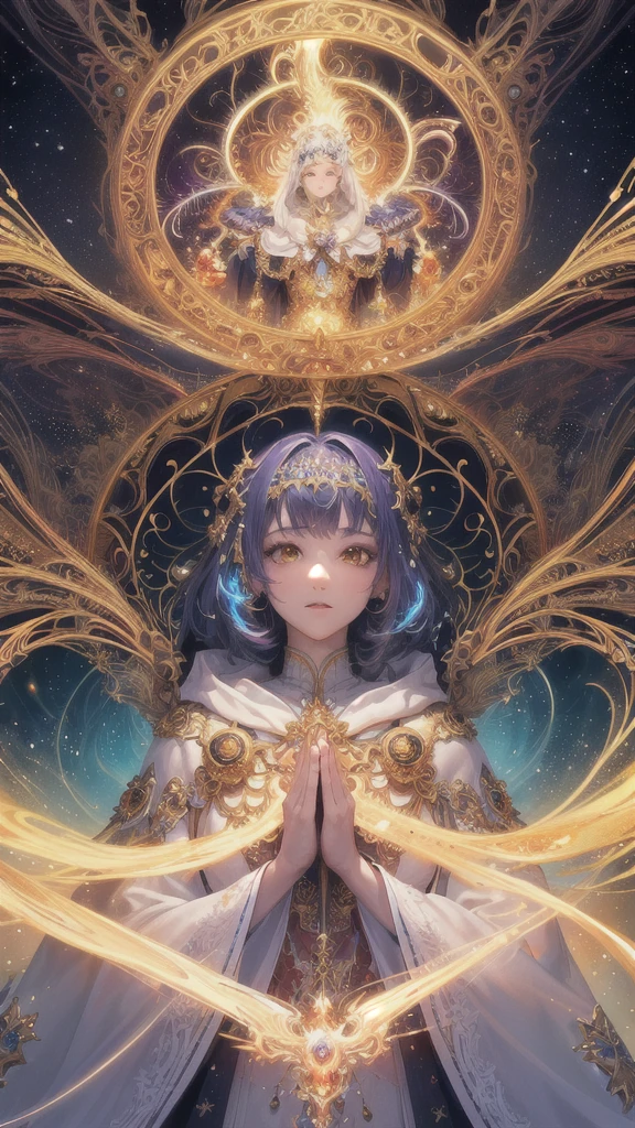 (masterpiece, top quality, best quality, official art, beautiful and aesthetic:1.2), (1girl), extreme detailed, (fractal art:1.3), colorful, highest detailed, perfect face, upper body, HDR, (praying:1.3), (white cloak golden lines:1.2), galaxy, (light streaks), striking visuals, (dynamic streaks, luminous trails:1.2), vibrant colors, 