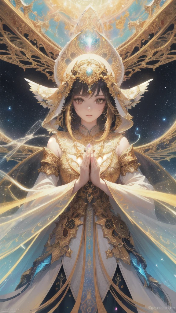 (masterpiece, top quality, best quality, official art, beautiful and aesthetic:1.2), (1girl), extreme detailed, (fractal art:1.3), colorful, highest detailed, perfect face, upper body, HDR, (praying:1.3), (white cloak golden lines:1.2), galaxy, (light streaks), striking visuals, (dynamic streaks, luminous trails:1.2), vibrant colors,