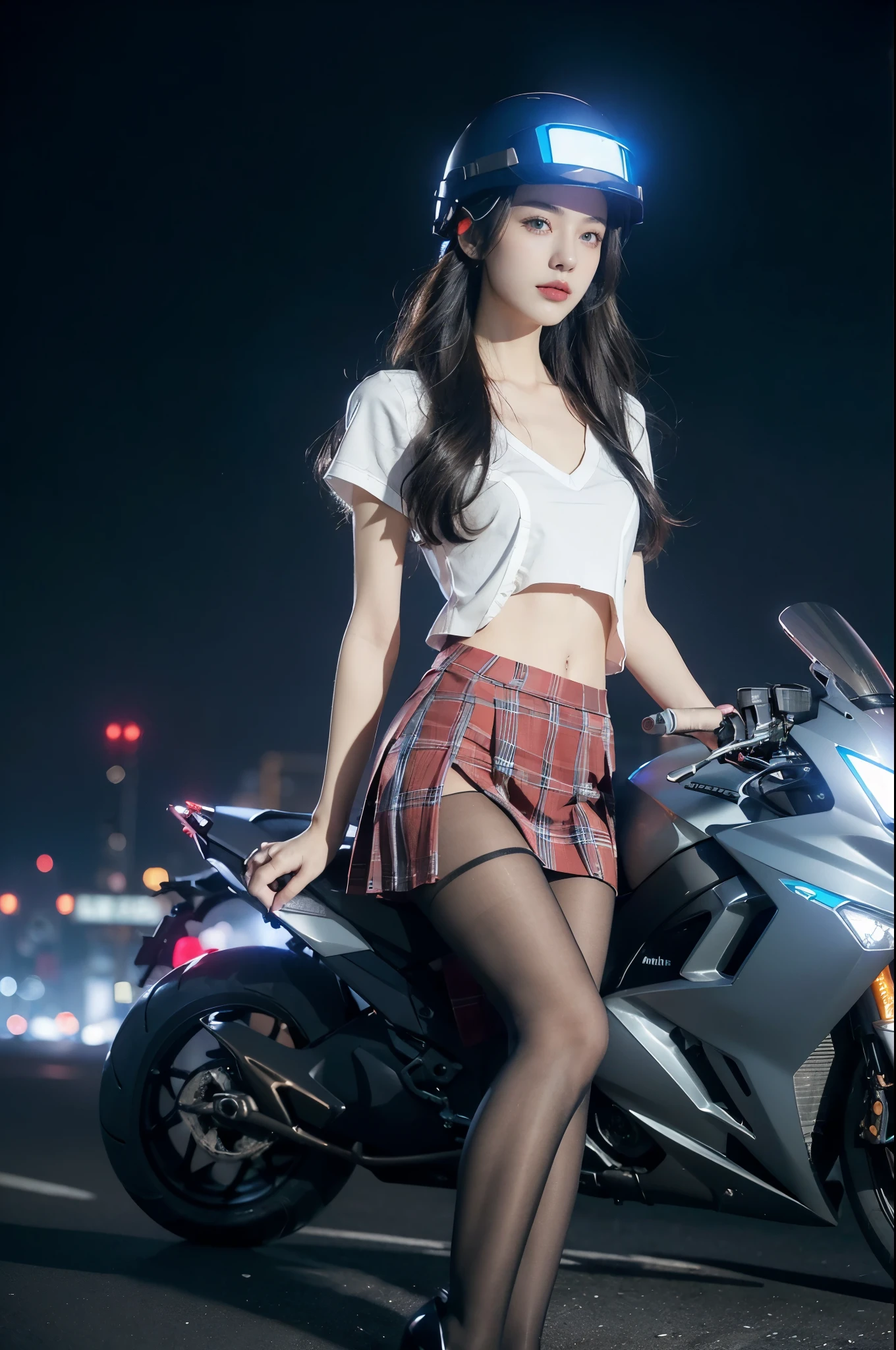 (((best quality))),(((ultra detailed))),(((masterpiece))),illustration,((1 beautiful girl,solo)),((slim,thin,small breasts,flat chest)),shoulder length straight hair,almond-shaped eyes, intense gaze, fair skin, subtle blush, full pink lips, confident smile,(white collared short sleeved shirt:1.3),Windsor knot on neck,((red plaid pleated skirt,slender legs,pantyhose)),deep blue hue, silver accents, form-fitting, low neckline, smooth skin,booties, urban scene, cyberpunk city, neon lights, tall buildings, LED signs, misty glow, dreamy ambiance, night sky, twinkling stars, electric atmosphere,(riding on a motorcycle:1.3), (safety helmet:1.3), vibrant atmosphere