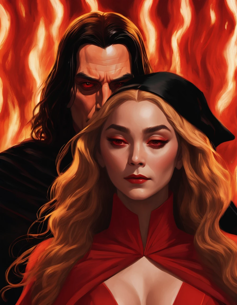 ### Scene: Create an image of two people in love in a setting of mystery and passion.
**Woman's Appearance:**
- Resembles Beyoncé
- Brown skin
- Long, golden blonde curly hair
- Confident and seductive expression
- Wearing a red dress, elegant and form-fitting
- Lips painted a deep, intense red
**Man's Appearance:**
- Resembles Severus Snape
- Pale skin
- Large nose
- Black, straight hair falling around his face in a somber manner
- Serious and intense expression
- Wearing a black cloak, contrasting with the flames around them
**Atmosphere:**
- Surrounded by flames, creating a mystical and fiery ambiance
- Soft lighting highlighting their faces, enhancing the sparkle in their eyes
- Flames adding an element of intensity and mystery to the scene
- They are close to each other, gazing intensely into each other's eyes, exuding a strong emotional connection