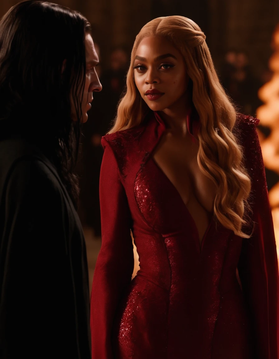 ### Scene: Create an image of two people in love in a setting of mystery and passion.
**Woman's Appearance:**
- Resembles Beyoncé
- Brown skin
- Long, golden blonde curly hair
- Confident and seductive expression
- Wearing a red dress, elegant and form-fitting
- Lips painted a deep, intense red
**Man's Appearance:**
- Resembles Severus Snape
- Pale skin
- Large nose
- Black, straight hair falling around his face in a somber manner
- Serious and intense expression
- Wearing a black cloak, contrasting with the flames around them
**Atmosphere:**
- Surrounded by flames, creating a mystical and fiery ambiance
- Soft lighting highlighting their faces, enhancing the sparkle in their eyes
- Flames adding an element of intensity and mystery to the scene
- They are close to each other, gazing intensely into each other's eyes, exuding a strong emotional connection