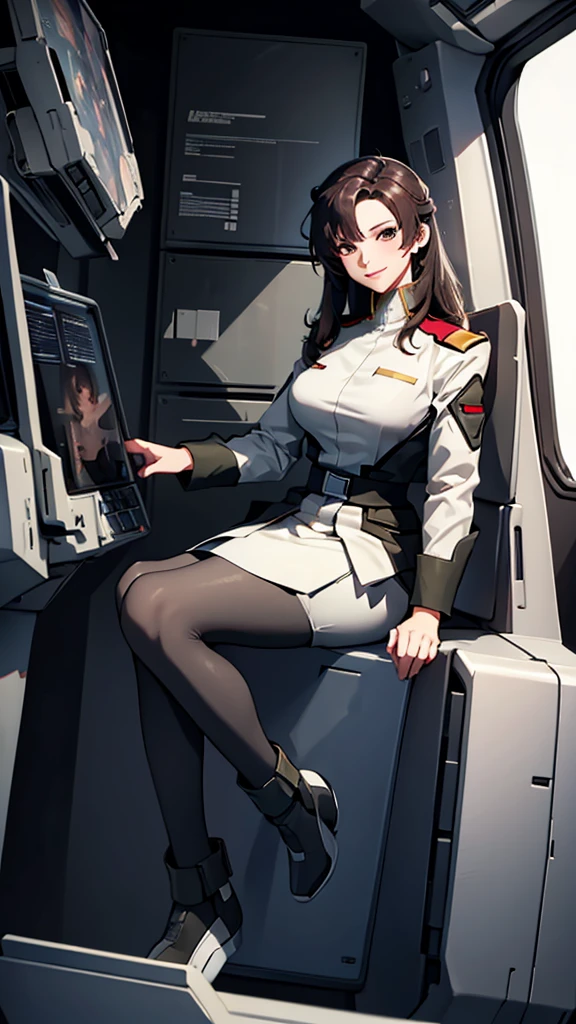 masterpiece, best quality, High resolution, Calm 1, 1 girl, alone, (Black_pantyhose:1.1), army uniform, army, cosmetics, White shirt,  White Skirt, tight skirt, sitting, Upper Body, cockpit, space, Smile，Large Breasts