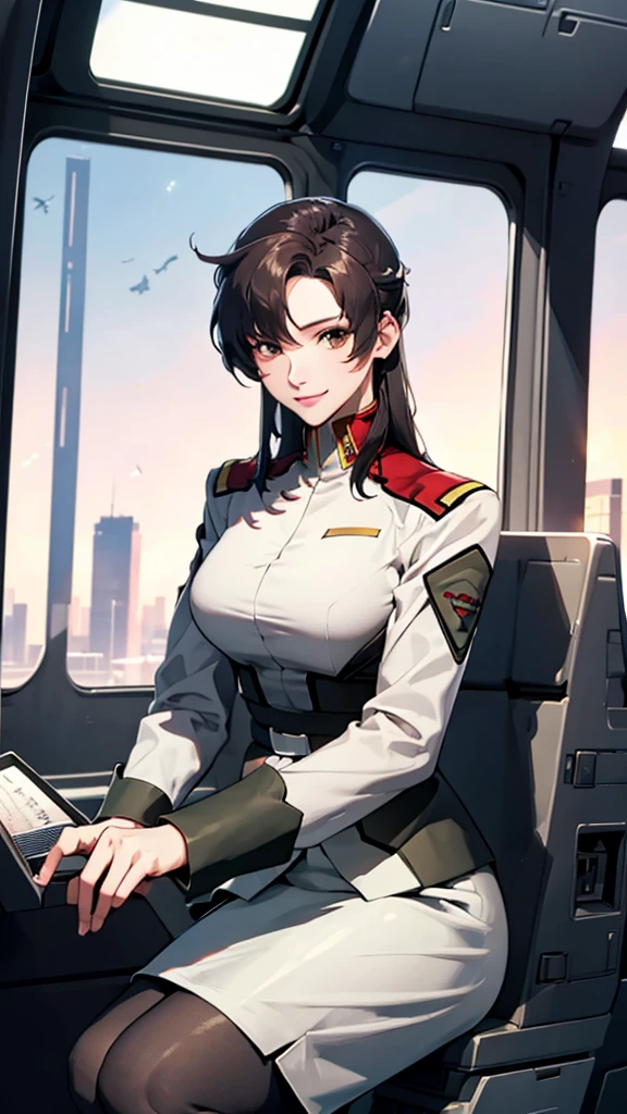 masterpiece, best quality, High resolution, Calm 1, 1 girl, alone, (Black_pantyhose:1.1), army uniform, army, cosmetics, White shirt,  White Skirt, tight skirt, sitting, Upper Body, cockpit, space, Smile，Large Breasts