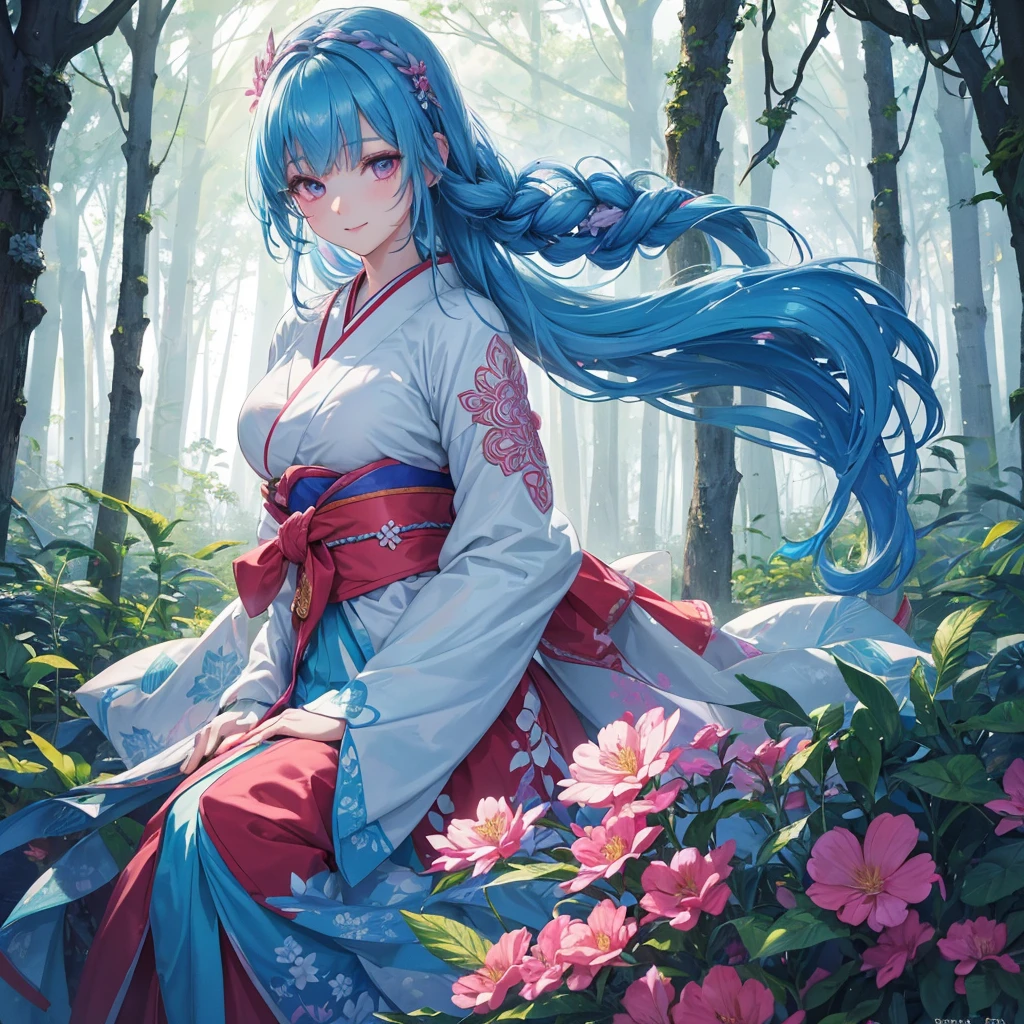 sky Blue hair, (braided ponytail),(pink eyes),fair skin ,(full body),1 girl,smile,white red kimono,Fresh green forest,Forest Goddess,Straight Bangs,(masterpiece, best quality, ultra-detailed, best shadow), (detailed background), (beautiful detailed face), high contrast, (best illumination, an extremely delicate and beautiful), ((cinematic light)), colorful, hyper detail, dramatic light, intricate details,guardian of the forest,Leaf Blizzard,high quality,