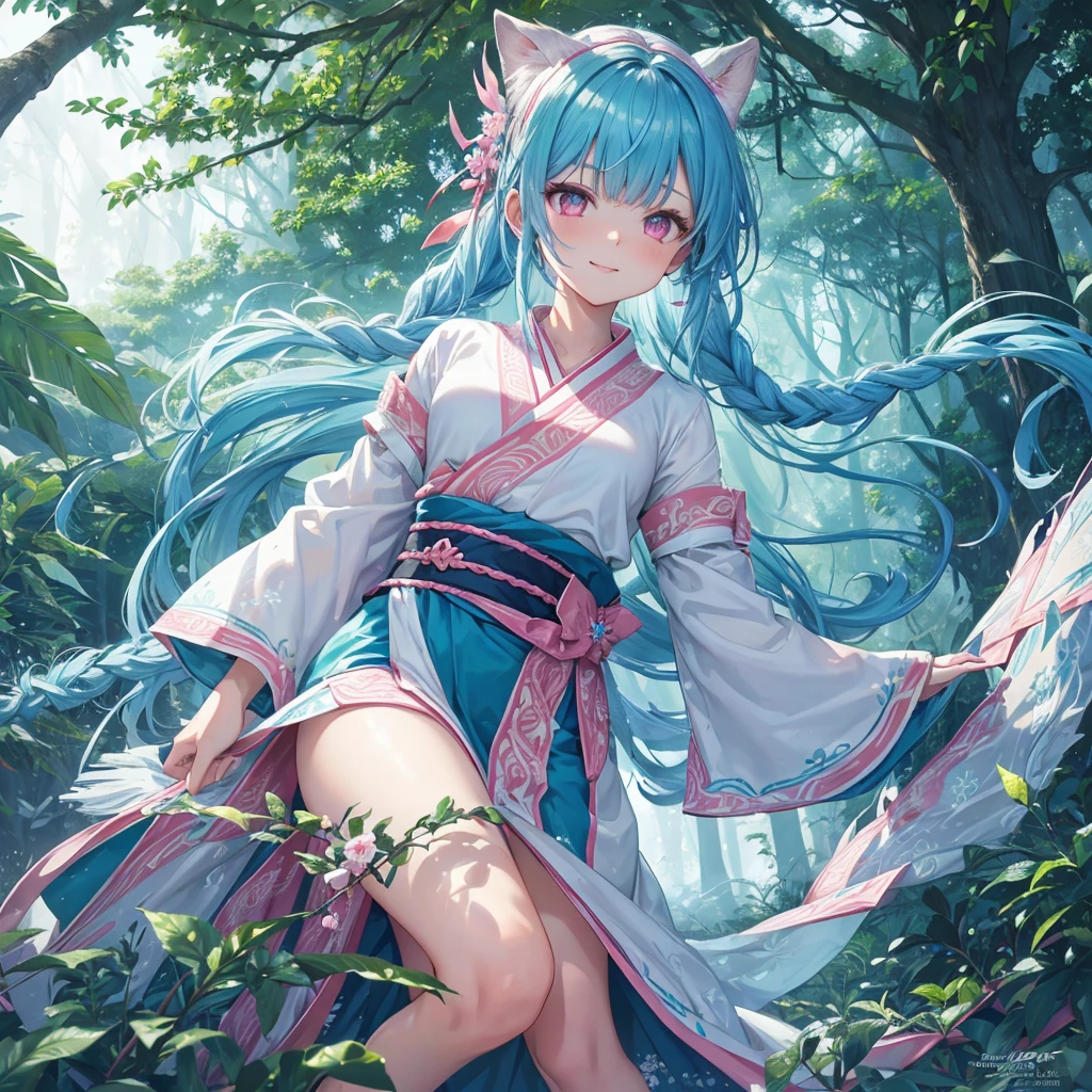 sky Blue hair, (braided ponytail),(pink eyes),fair skin ,(full body),1 girl,smile,white red kimono,Fresh green forest,Forest Goddess,Straight Bangs,(masterpiece, best quality, ultra-detailed, best shadow), (detailed background), (beautiful detailed face), high contrast, (best illumination, an extremely delicate and beautiful), ((cinematic light)), colorful, hyper detail, dramatic light, intricate details,guardian of the forest,Leaf Blizzard,high quality,