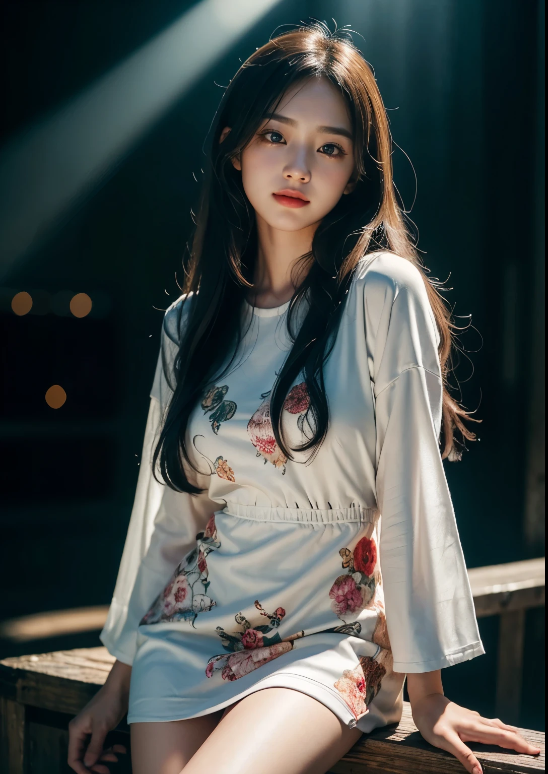 a Korean girl in Montreal at dawn, long beautiful hair, cute black curly hair, beautiful smile, beautiful eyes, freckles, floral print above knee length dress, dawn, neon lights, rays of light, caustic lens reflection, masterpiece, (best quality,8k,highres,masterpiece:1.2),ultra-detailed,(realistic,photorealistic,photo-realistic:1.37),HDR,UHD,studio lighting,ultra-fine painting,sharp focus,physically-based rendering,extreme detail description,professional,vivid colors,bokeh,portrait