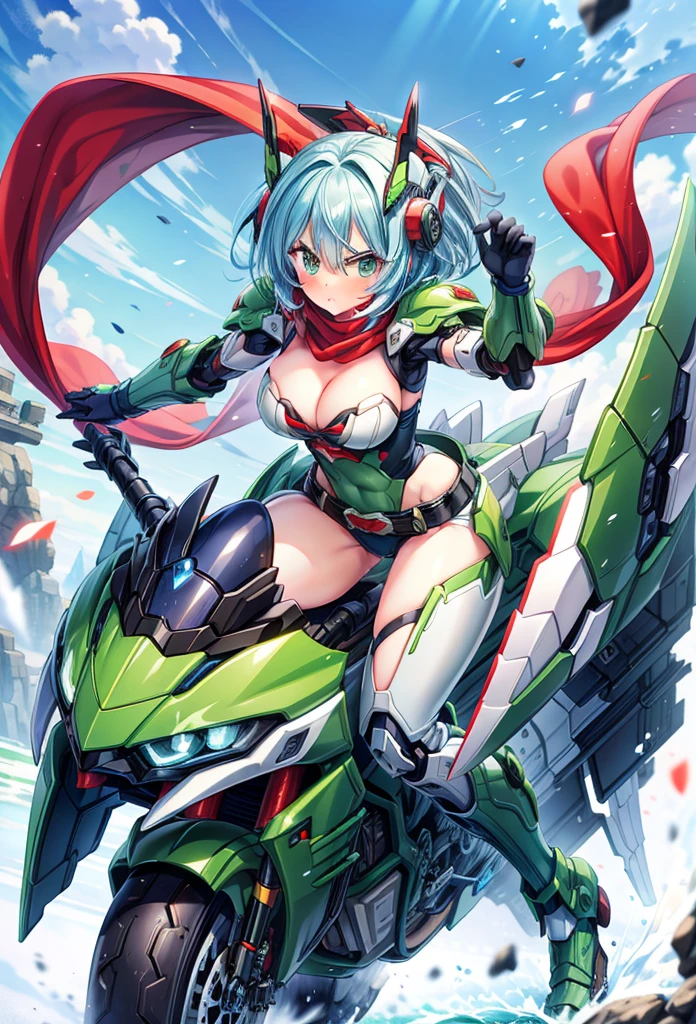(masterpiece:1.2), best quality, high resolution, extremely detailed CG, absurdres, highres,1girl, solo, (serious:1.3), henshin belt, ((dark_blue_hair)), mecha belt, headgear, (red_scarf), black and green powersuit, white armor, on a cyber motorcycle, thighs, cleavage, blue_hair, red_scarf, mecha_armored, mecha_belt, headgear