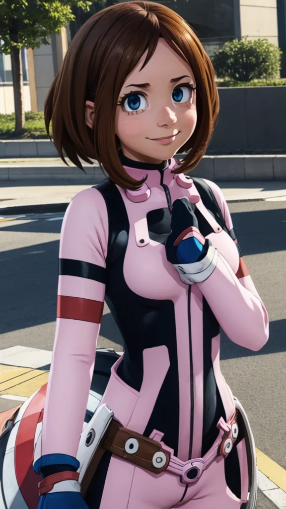 ochakouraraka, ochako uraraka, (uraraka ochako:1.5), (brown eyes:1.5), brown hair, short hair, blush, blush stickers, smile,
BREAK (bodysuit:1.5), skin tight, superhero,
BREAK outdoors, city,
BREAK looking at viewer, standing, idle, hand on hip
BREAK (masterpiece:1.2), best quality, high resolution, unity 8k wallpaper, (illustration:0.8), (beautiful detailed eyes:1.6), extremely detailed face, perfect lighting, extremely detailed CG, (perfect hands, perfect anatomy),