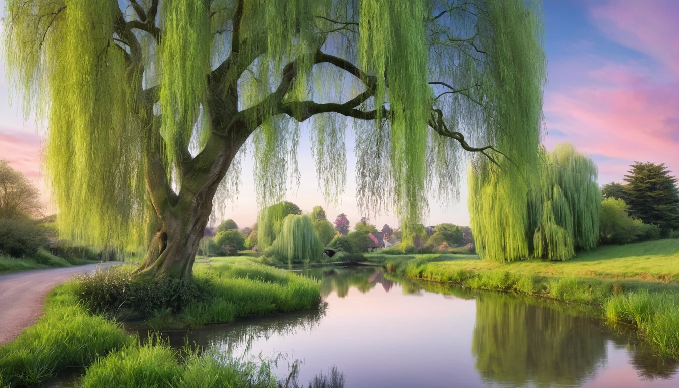 Willowhurst A tranquil town nestled in a forest of whispering willows, with a winding river reflecting the pastel sky.Willowhurst is named for its ancient willow trees, whose whispers guide lost travelers to its safety.