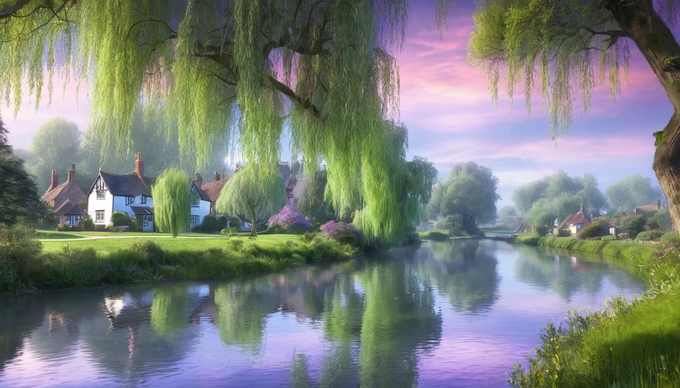 Willowhurst A tranquil town nestled in a forest of whispering willows, with a winding river reflecting the pastel sky.Willowhurst is named for its ancient willow trees, whose whispers guide lost travelers to its safety.