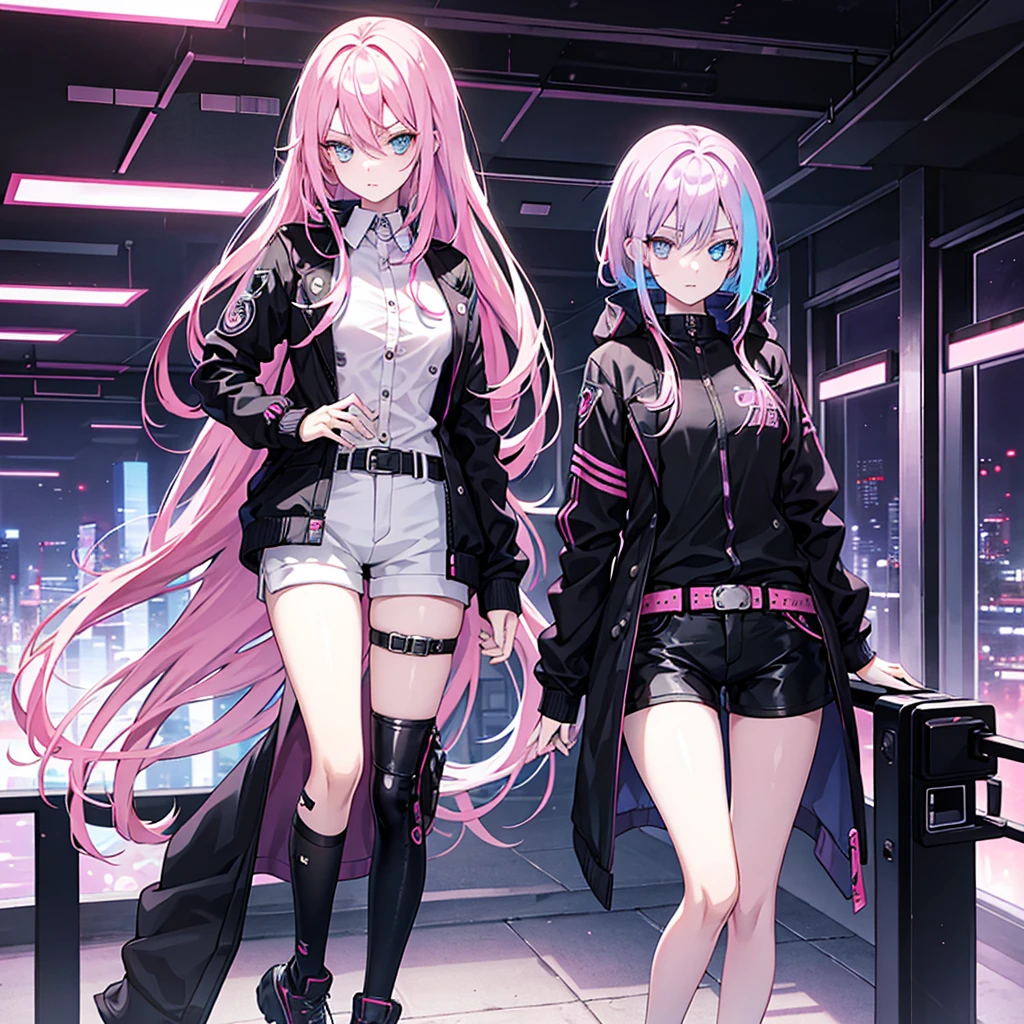 Cyberpunk, Girl, 1girl, Beautiful lady in office black shirt with buttons and shorts, office like longer pink coat, long pink hair, Multi-colored hair, multi-colored eyes, heterochromia, tall, thin, beautiful lady, perfect body, slim, blueeyes, office suit, elongated, Prominent Jaw, Thin girl, skinny girl, perfect skinny girl, teen, ,