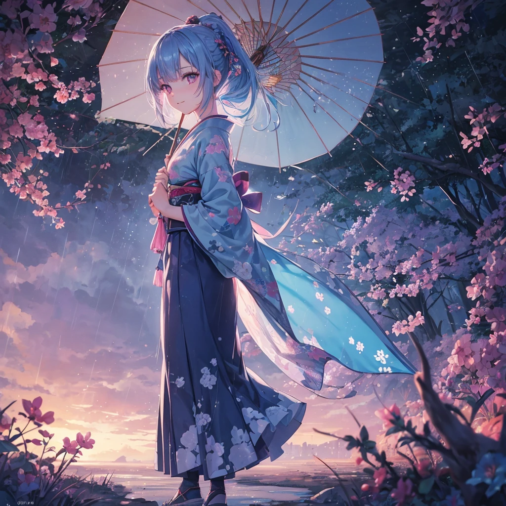 sky Blue hair, (braided ponytail),(pink eyes),fair skin ,(full body),(1 girl),smile,Straight Bangs,(masterpiece, best quality, ultra-detailed, best shadow), (detailed background), (beautiful detailed face), high contrast, (best illumination, an extremely delicate and beautiful), ((cinematic light)), colorful, hyper detail, dramatic light, intricate details,(rain shower),kyoto,big Japanese Umbrella,kimono,high quality,