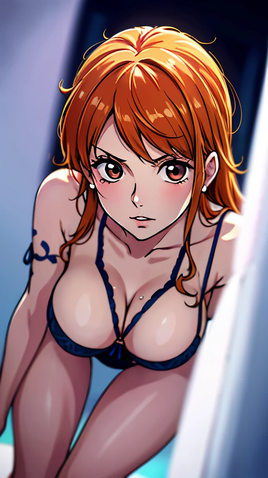 Best Quality,8k,high resolution,Masterpiece:1.2), (ultra detailed), (NSFW is not safe for artwork), (semi - naked) (us (One piece configuration), (pose sexual), (realist,photorealist,fotorrealista:1.37), (High DefinitionR,High Definition), (portrait), (vivid colors), (long legs), (Hermosos detailed eyes), (bright brown eyes deep black gradient eyes), (beautiful detailed lips), (extremely detailed eyes and face), bright Eyes, bright brown eyes with black, (Hair, long, Orange), Dynamic angle and posture., soaked in sweat, perspiration, undressing (long eyelashes), (cabello long between eyes color Orange oscuro), (blue left shoulder tattoo)(sharp focus), (Physically based representation), (big breasts) (legs open), (intense), (expression of intense desire), (motion blur), (elegant), (slim figure), (anime inspired), (bright lights), (sexual), (contrasting colors), (mysterious atmosphere), (action packed scene), (Unique style), (surprising), (elegant), (evocative), (expressive), (Intriguing atmosphere), (giant breasts:1.2) ((Best Quality)),((Very detailed)),Masterpiece,absurdities,detailed face,beautiful face,(detailed eyes, deep eyes),(1 girl),((dynamic pose)), erotic lingerie