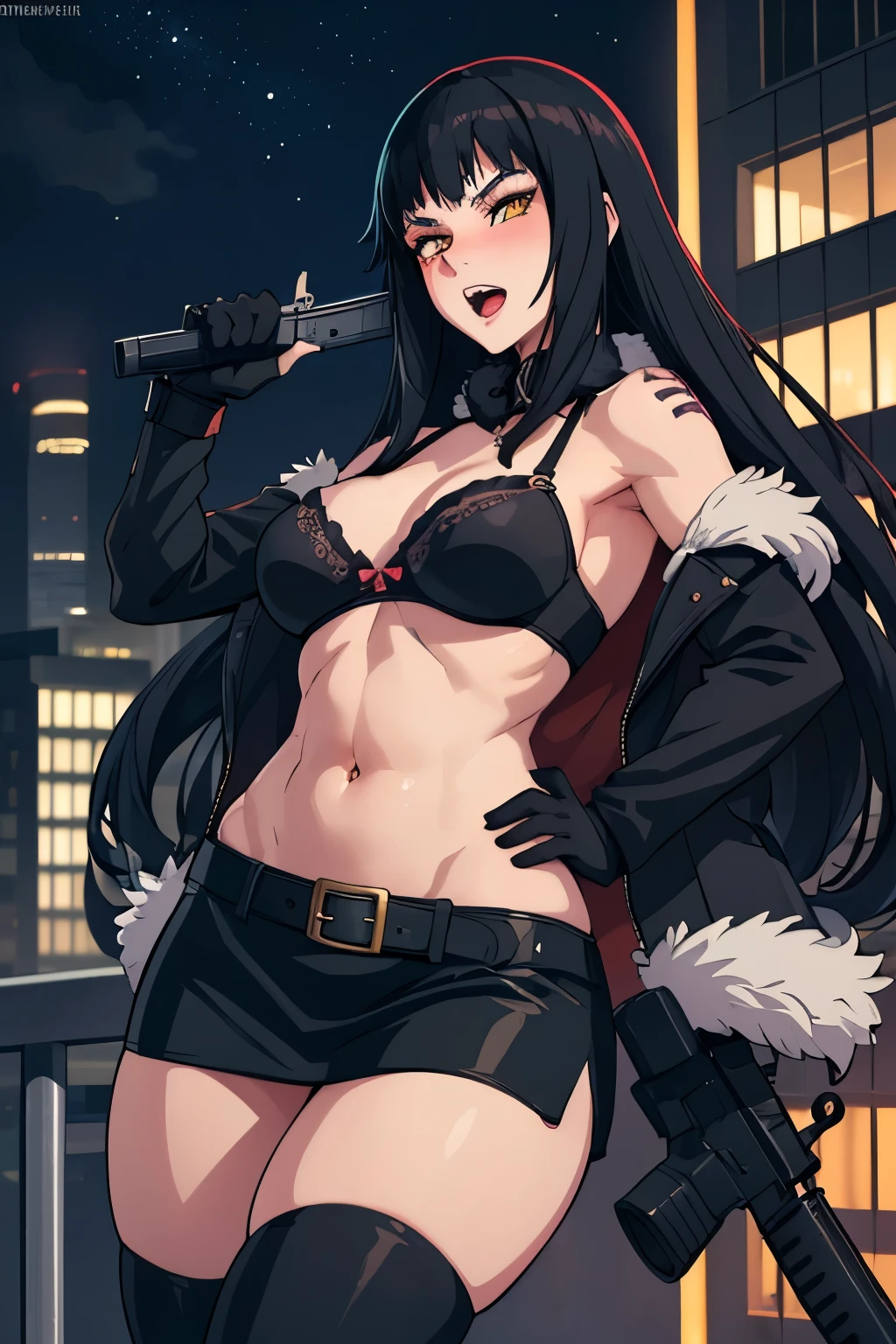 solo, 1girl, valmet, blush, lipstick, long hair, crazy eyes ,outdoors, rooftop, cityscape, building, railing, night, night sky, scenery, city lights, fur trim, mature female, gloves, fur-trimmed coat ,masterpiece, best quality, highly detailed, a girls with a gun, open mouth, blazer, sexy gaze, (nsfw) not
safe for work, badass pose , evil smile, smile, black bra, anime girl with long hair, long haired girl,
navel, evil expression, exposed belly, exposed navel, exposed midriff, exposed lower belly, micro
miniskirt, micro pencil skirt, pencil skirt ,holding a gun,, navel piercing