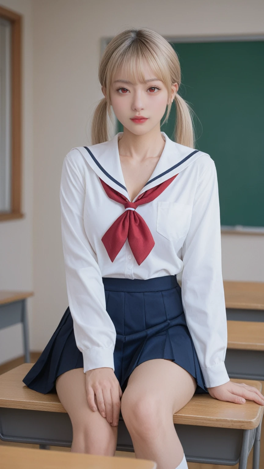 realistic,score_9, score_8_up, score_7_up, BREAK,
In a masterpiece setting, a single lady is depicted in a classroom during the day. She is sitting, dressed in a school uniform, with her blonde hair styled in twin tails and striking red eyes. Her collarbone is exposed, and she has dark skin. The image captures her in a moment of openness, with her breasts subtly revealed, adding a unique and bold element to the composition.