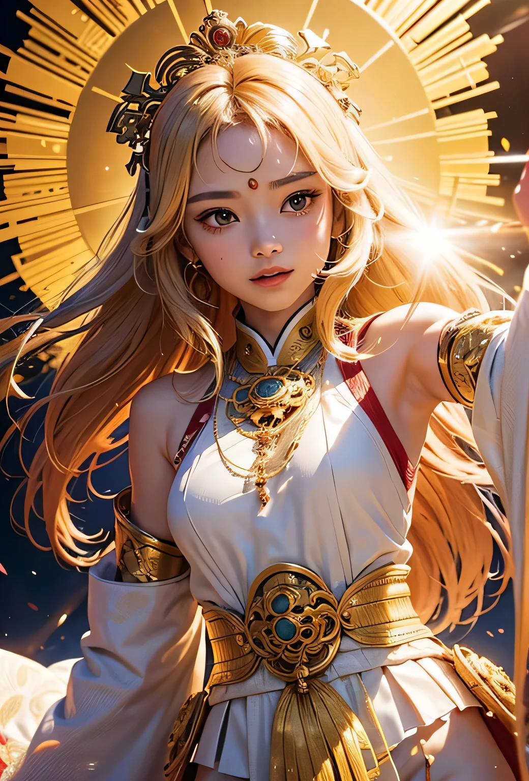 "Child of the Sun, Goddess of Love": Within a sacred sanctuary bathed in sunlight, depict the figure of a sun goddess who governs love, facing forward and emanating divine radiance. She is a , around 3 years old. Zoom in to focus on her face, with a gleaming orb of light in her hands, representing the life-giving power of the sun. Her hair is shimmering gold, and she is wearing a traditional miko outfit as seen in Japanese shrines. The background should be predominantly gold, evoking a sense of divine splendor, with numerous heart-themed objects expressing the beauty of love. The setting is in heaven, enveloped in soft, bright light, where one can find tranquility and peace of mind, free from any trace of anxiety.Straight-on.