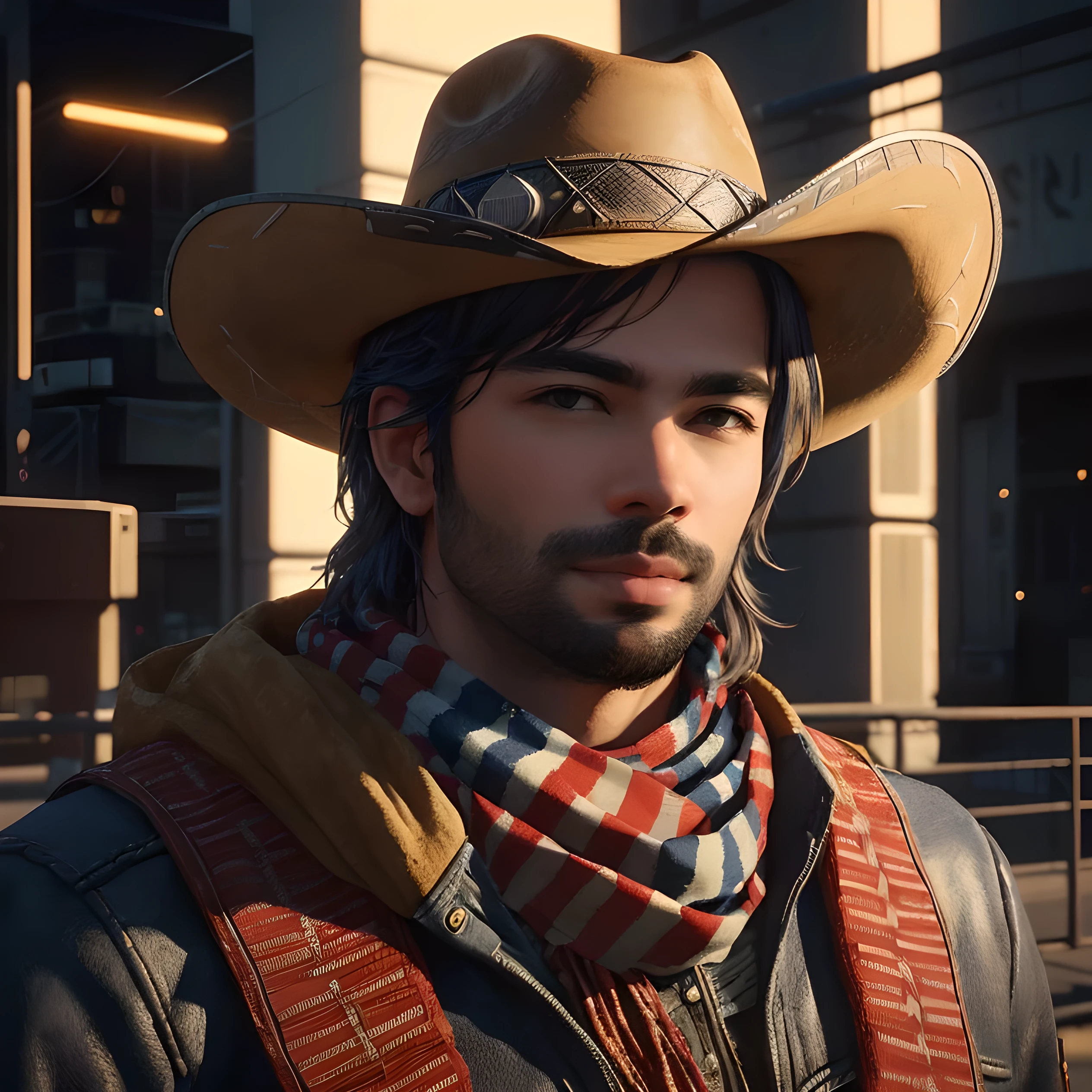 There is a 1man, solo, wearing a cowboy hat and scarf, O Cowboy no Estranho Oeste, cyberpunk oeste selvagem, Jessé McCree, cinematic close-up of bust, Cyber Ocidental, Criado em Unreal Engine 5, ps5 cinematic screen capture, non-Unreal Engine 5 rendering, space western, cinematic bust shot, retrato do cowboy, with cinematic lighting