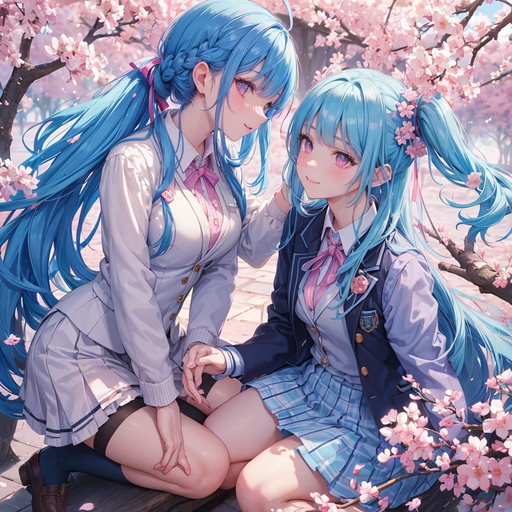 Sky blue hair, (Braided Ponytail),(Pink Eyes),Fair skin ,whole body,(1 Girl),Smile,spring, cherry blossoms, Knee-high socks for school, blazer, Straight bangs,(masterpiece, Highest quality, Super detailed, Best Shadow), (Detailed Background), (Beautifully detailed face), High Contrast, (Best lighting, Very delicate and beautiful), ((Cinematic Light)), colorful, Hyper Detail, Dramatic Light, Intricate details,sunshine,Leaning forward,high quality,