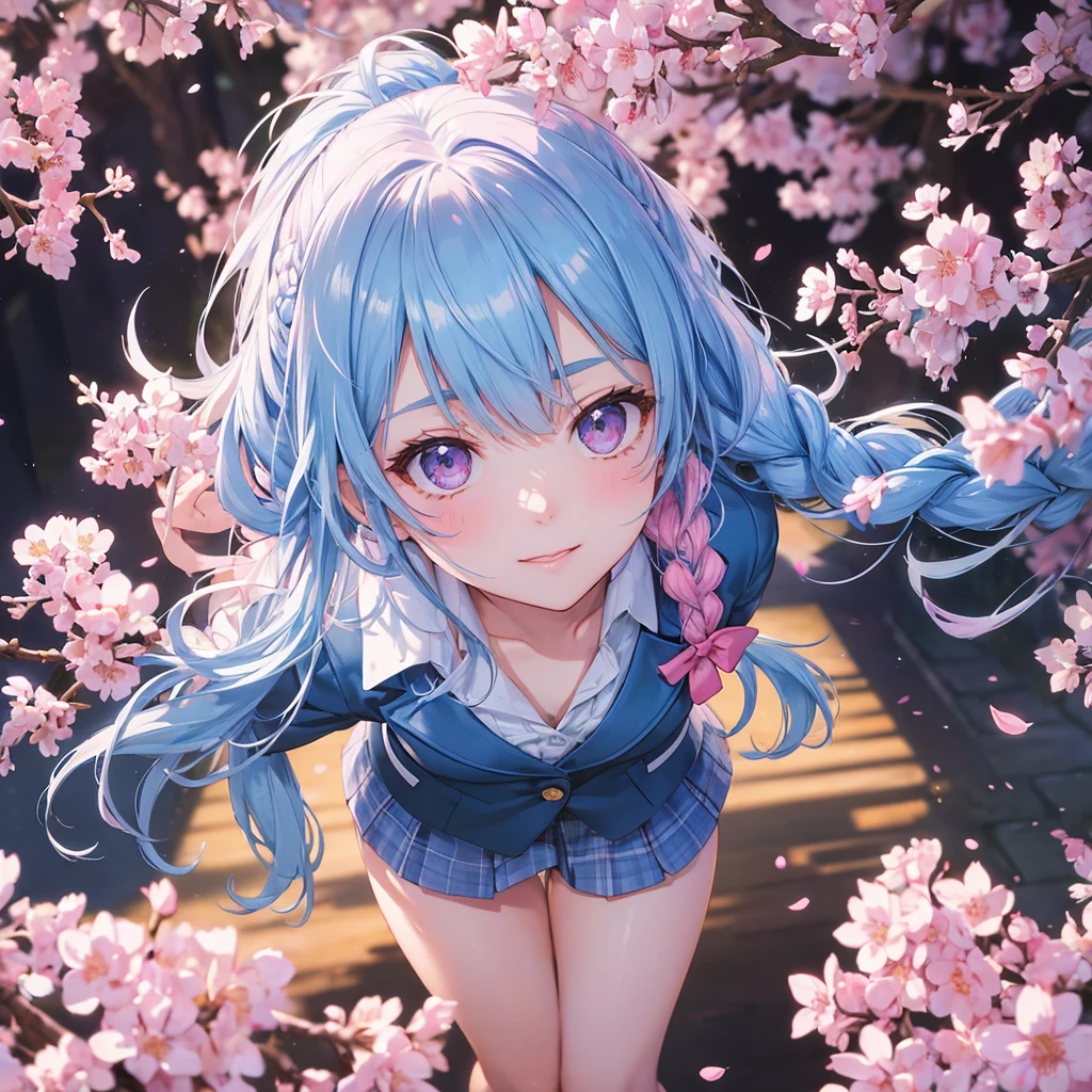 Sky blue hair, (Braided Ponytail),(Pink Eyes),Fair skin ,whole body,(1 Girl),Smile,spring, cherry blossoms, Knee-high socks for school, blazer, Straight bangs,(masterpiece, Highest quality, Super detailed, Best Shadow), (Detailed Background), (Beautifully detailed face), High Contrast, (Best lighting, Very delicate and beautiful), ((Cinematic Light)), colorful, Hyper Detail, Dramatic Light, Intricate details,sunshine,Leaning forward,high quality,