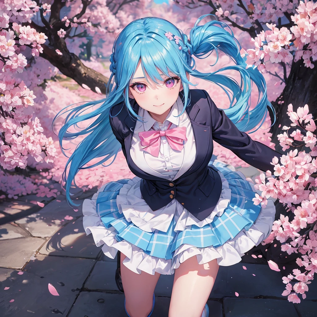 Sky blue hair, (Braided Ponytail),(Pink Eyes),Fair skin ,whole body,(1 Girl),Smile,spring, cherry blossoms, Knee-high socks for school, blazer, Straight bangs,(masterpiece, Highest quality, Super detailed, Best Shadow), (Detailed Background), (Beautifully detailed face), High Contrast, (Best lighting, Very delicate and beautiful), ((Cinematic Light)), colorful, Hyper Detail, Dramatic Light, Intricate details,sunshine,Leaning forward,high quality,